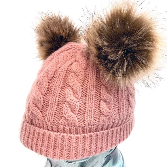 FAS Jeans Girls Winter Fitted Knit Beanie Hat with Faux Fur Pom-Pom Ears - Picture 9 of 11